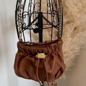 Badgley Mischka Caramel Brown Leather Mini Bucket Bag Crossbody Purse